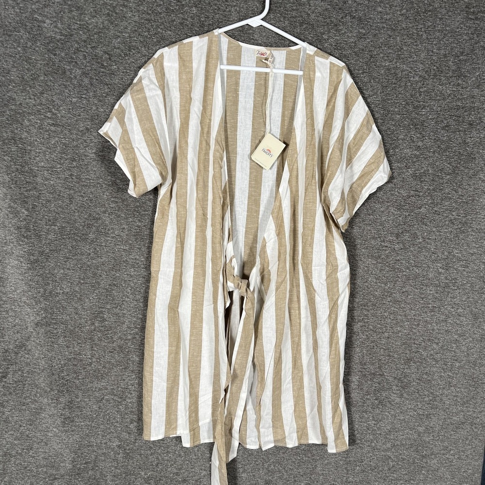 Faherty Wrap Dress Womens XS Beige Bronze Stripe Linen Blend Belted Beach Kimono